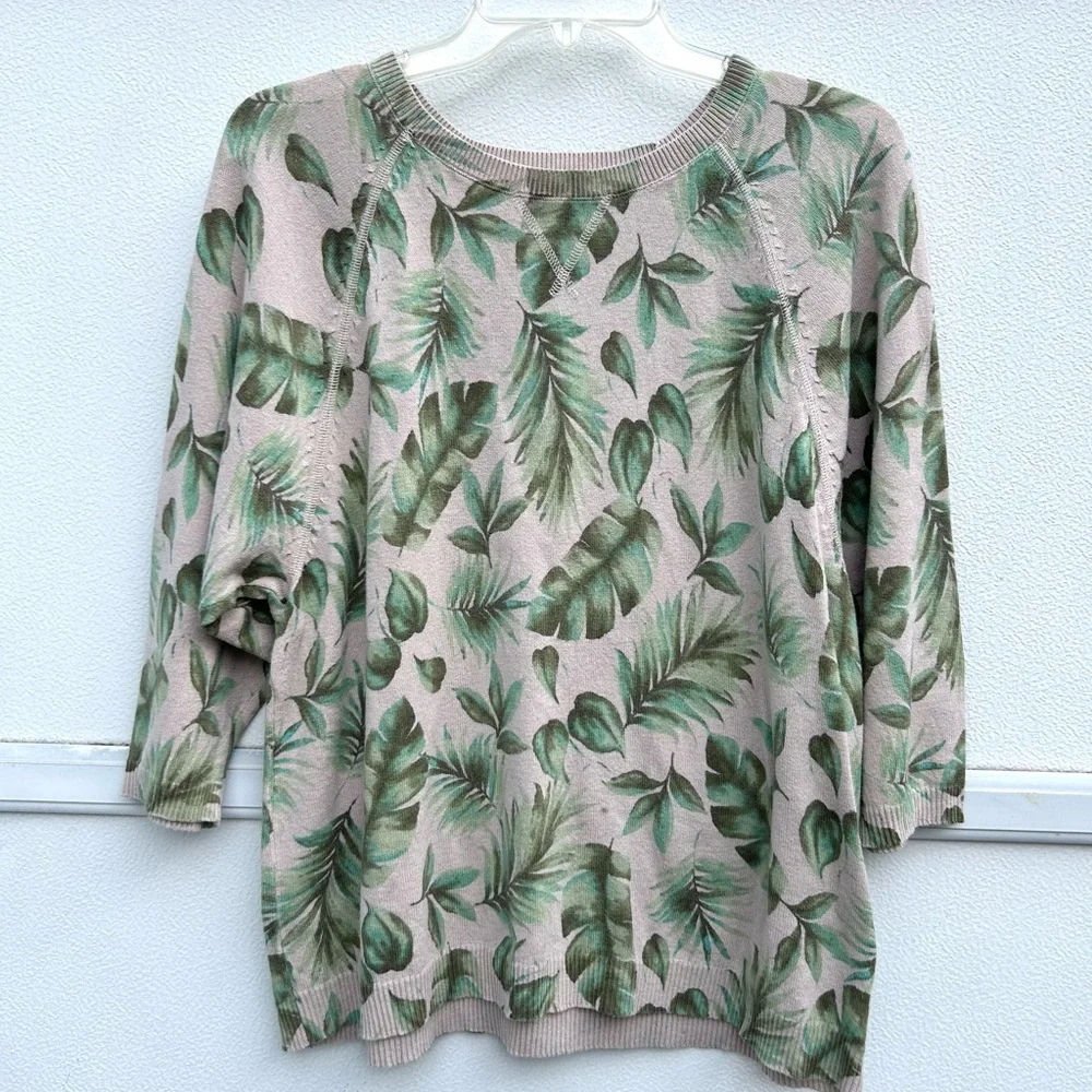 J. Jill Cream and Green Leaf Print Sweater - Picture 3 of 12